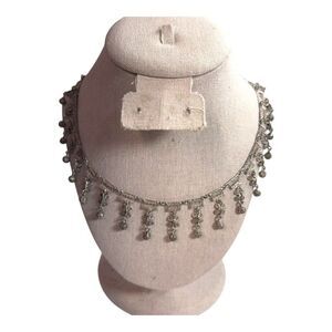 Vtg Silver-Tone Dangling Filigree Necklace Geometric Floral Motifs Hook 17" READ